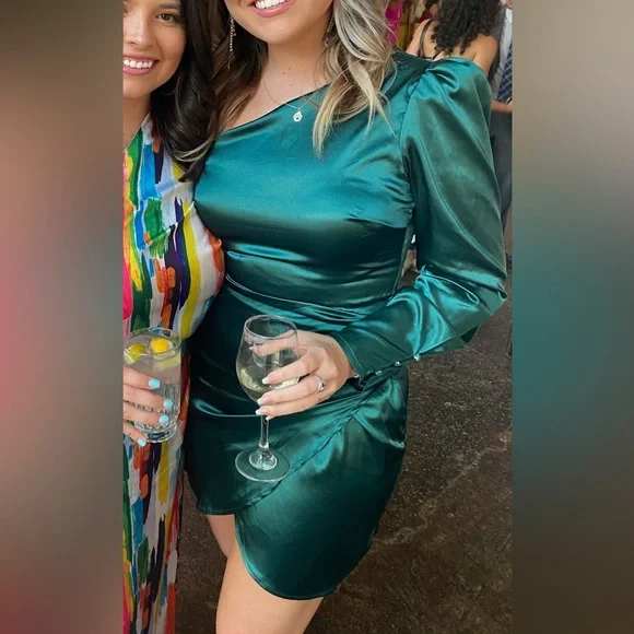 These Three Boutique Green Satin Dress | One shoulder satin dress - Picture 8 of 10